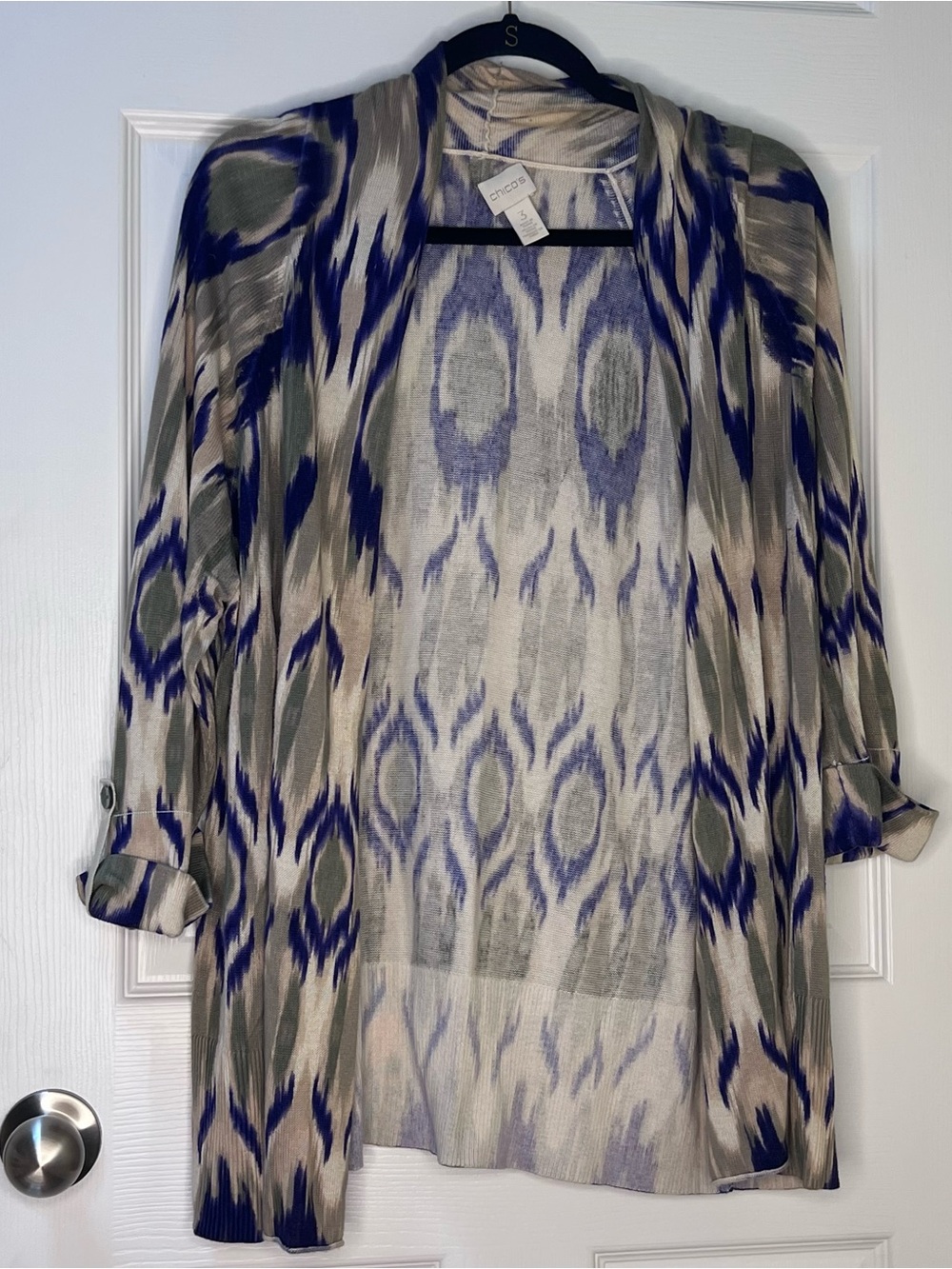 Chicos Ikat Long Cardigan Sweater Boho Cottagecore Coastal Size 3 or 16/18